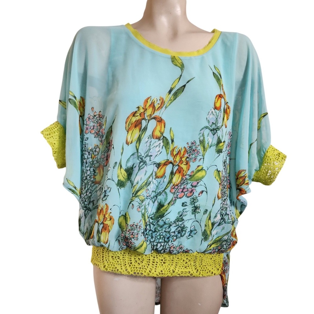 Alberto Makali Floral Chiffon Blouse Aqua Blue Yellow Crochet Trim M Luxury sexy